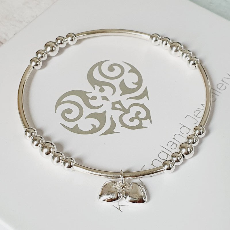 Silver Double Heart Noodle Bracelet