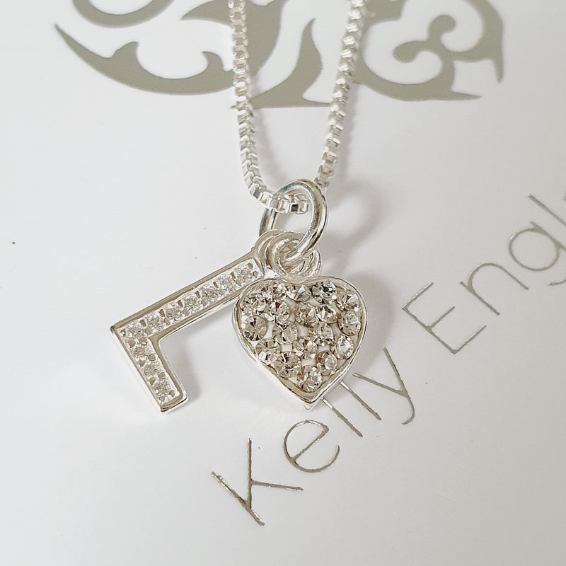 Sterling Silver CZ Initial & Sparkle Heart Necklace