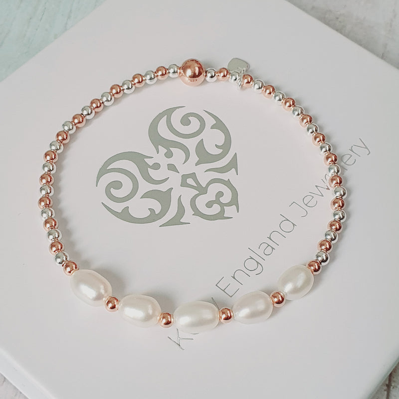 925 Silver & Rose Gold Freshwater Ivory Pearl Bracelet