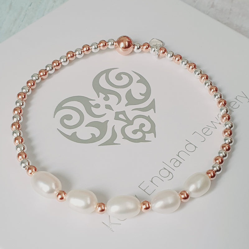 925 Silver & Rose Gold Freshwater Ivory Pearl Bracelet