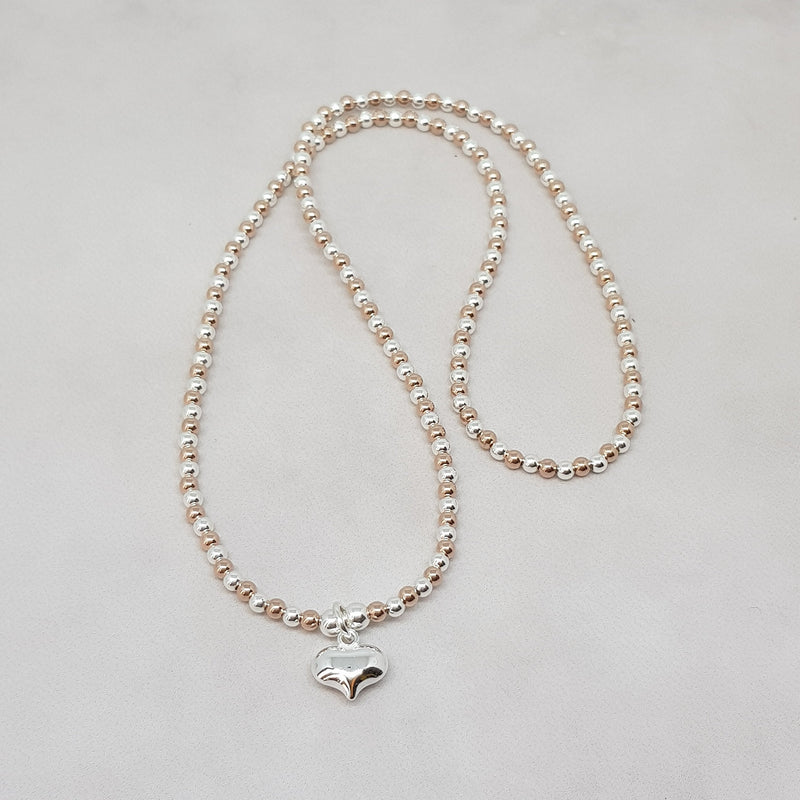 Silver & Rose Gold Puff Heart Necklace