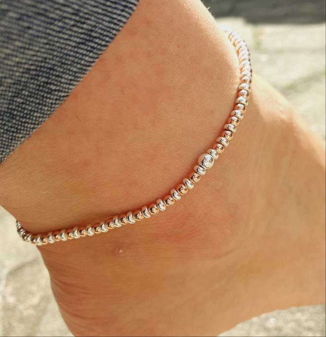 Sterling Silver & Rose Gold Barrel Anklet