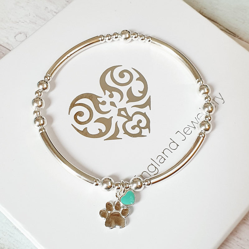 Silver Paw & Turquoise Heart Noodle Bracelet